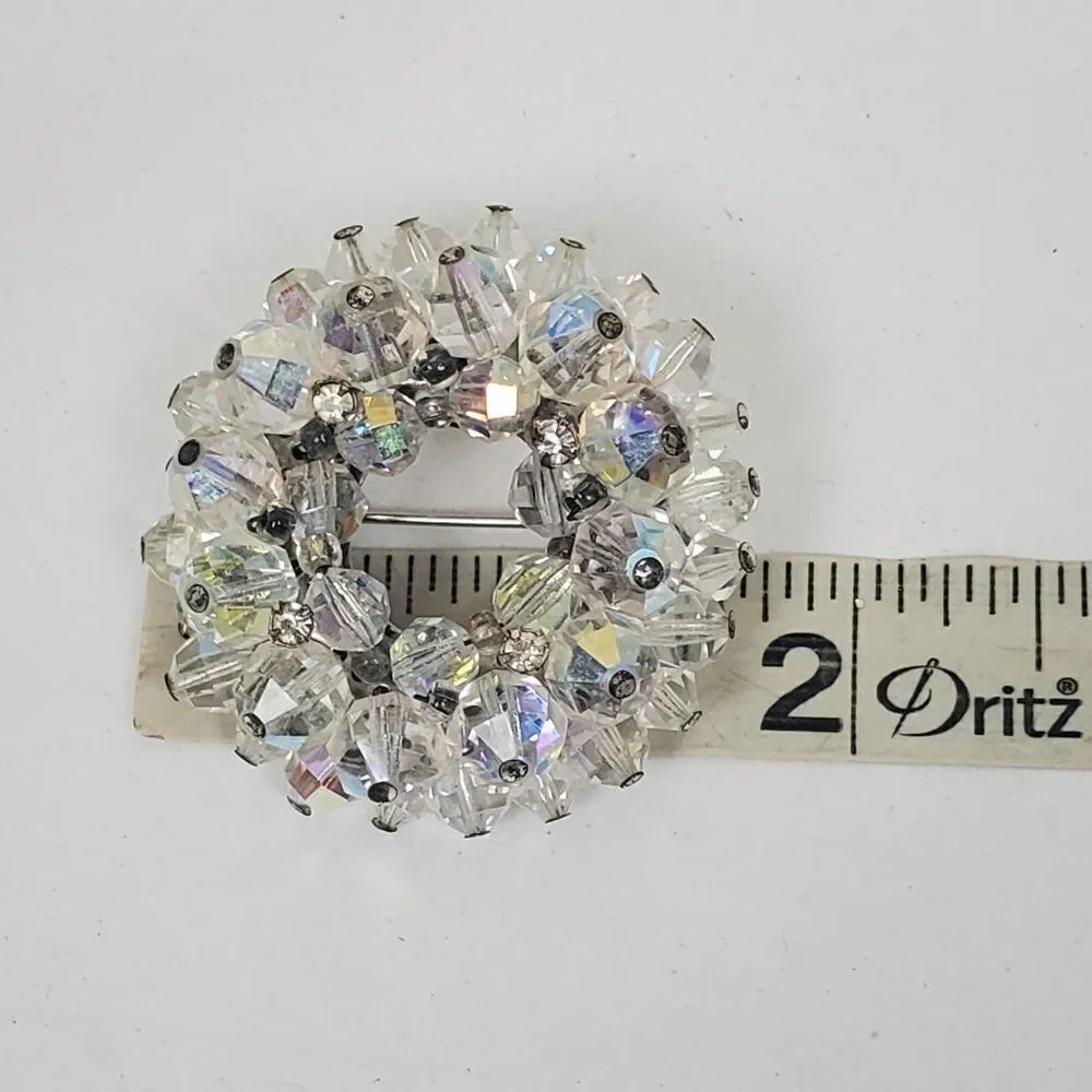 Vintage Aurora Borealis Clear AB Glass Beaded Cluster Wreath‎ Circle Brooch Pin